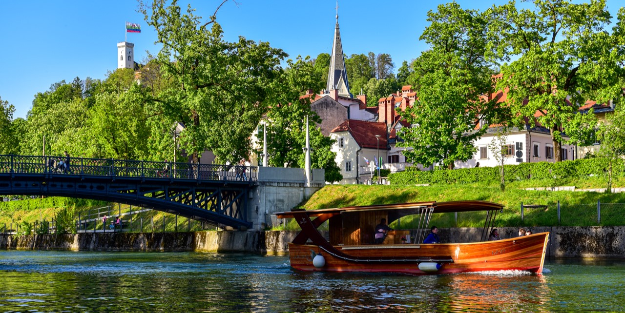 View of Ljubljanica river with a boat